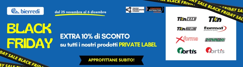 In alto logo Bierredi e la scritta: dal 25 novembre al 6 dicembre. Sotto la scritta: Black Friday, 10% si sconto su tutti i nostri prodotti private label. A destra i loghi tkn-chem, tkn, tkn-mag-line, format, performa, evergreend, fortis.